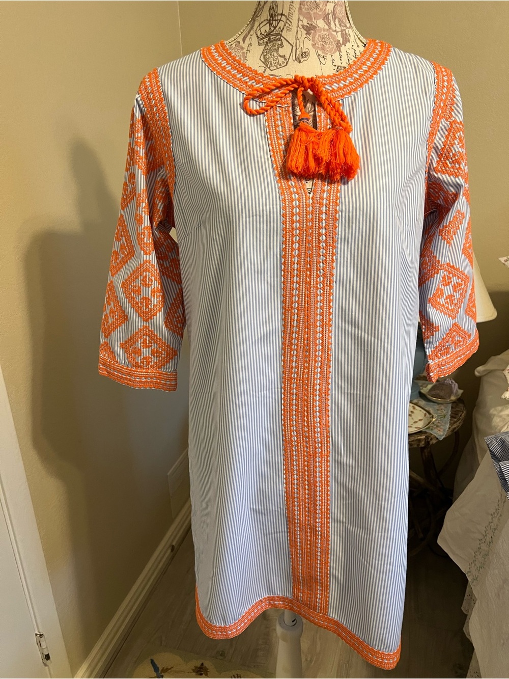 Gretchen Scott Designs White Shift Dress with Orange Embroidery